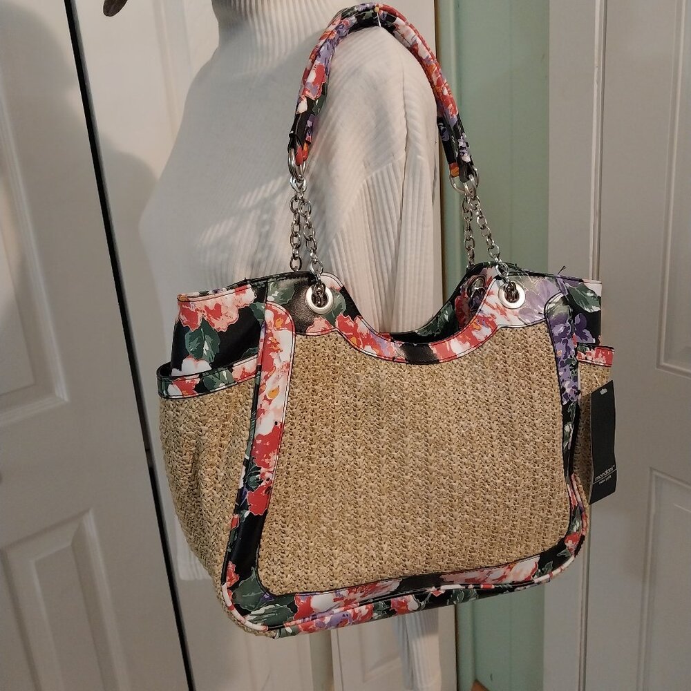 3355 Large Mondani New York Tote Bag In Black, Pink and Purple Print. - Picture 1 of 9